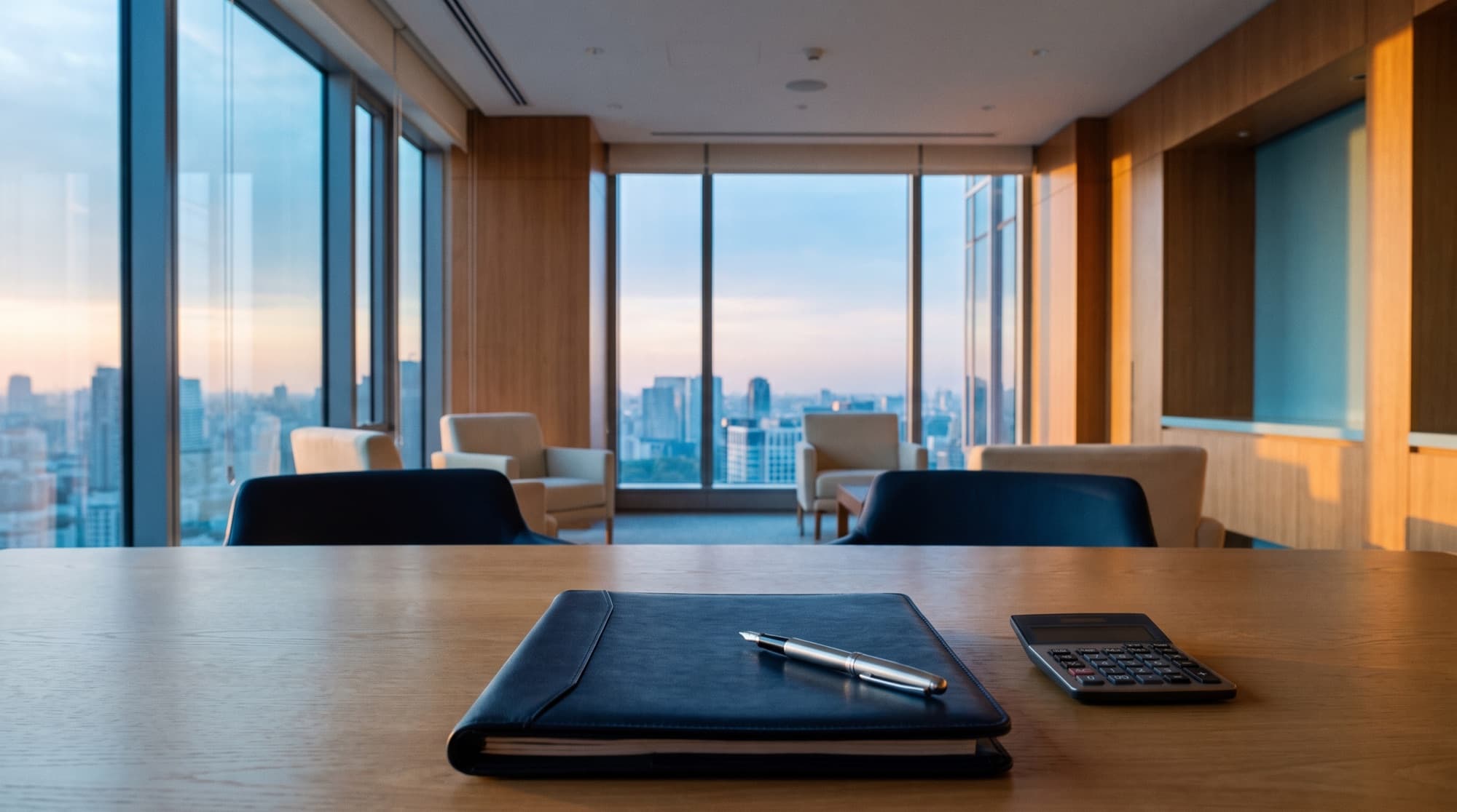 A quiet, sunlit professional office with a leather portfolio and calculator on a conference table